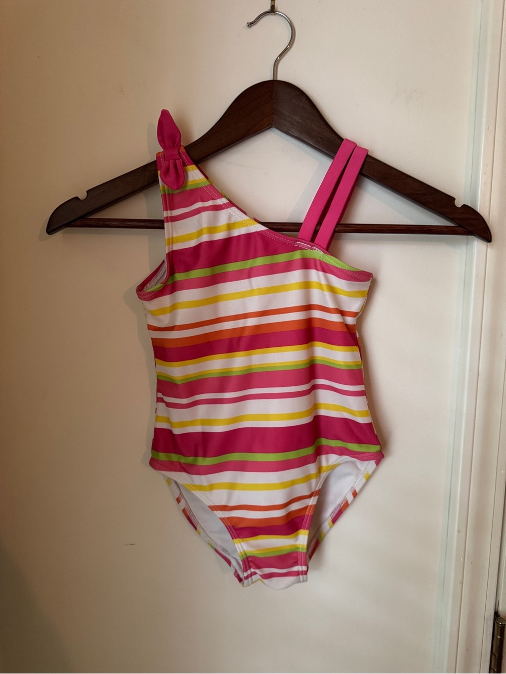 Gymboree Girls One-Shoulder Striped Swimsuit‎ - Pink, Lime, White Size 6